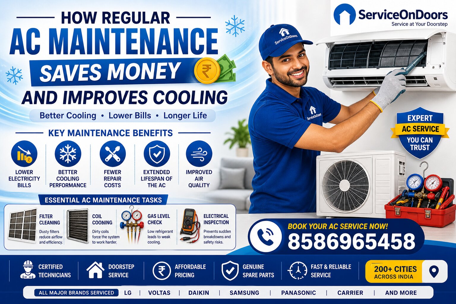 AC Service & Maintenance in India | Save Energy & Improve Cooling Performance | ServiceOnDoors | 8586965458